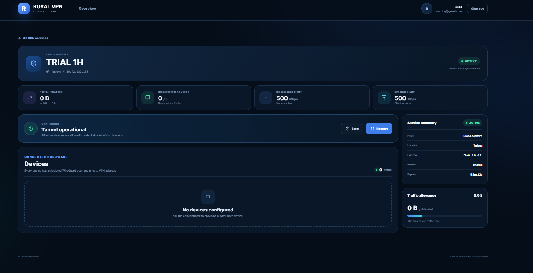 Royal VPN Client Cloud dashboard