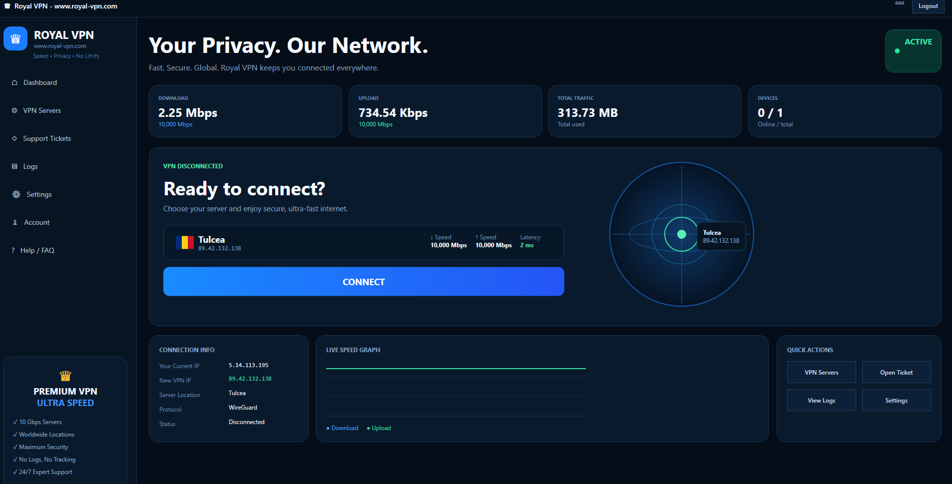 Royal VPN native Windows client dashboard